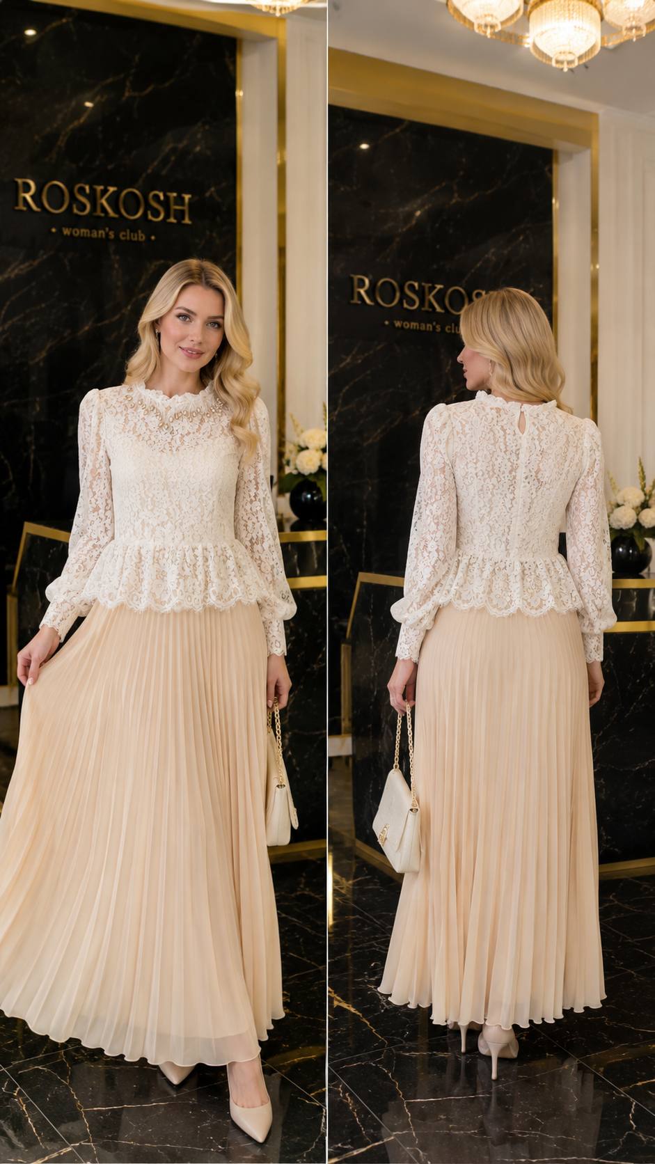 Elegant Ivory Lace Blouse & Pleated Maxi Skirt Set