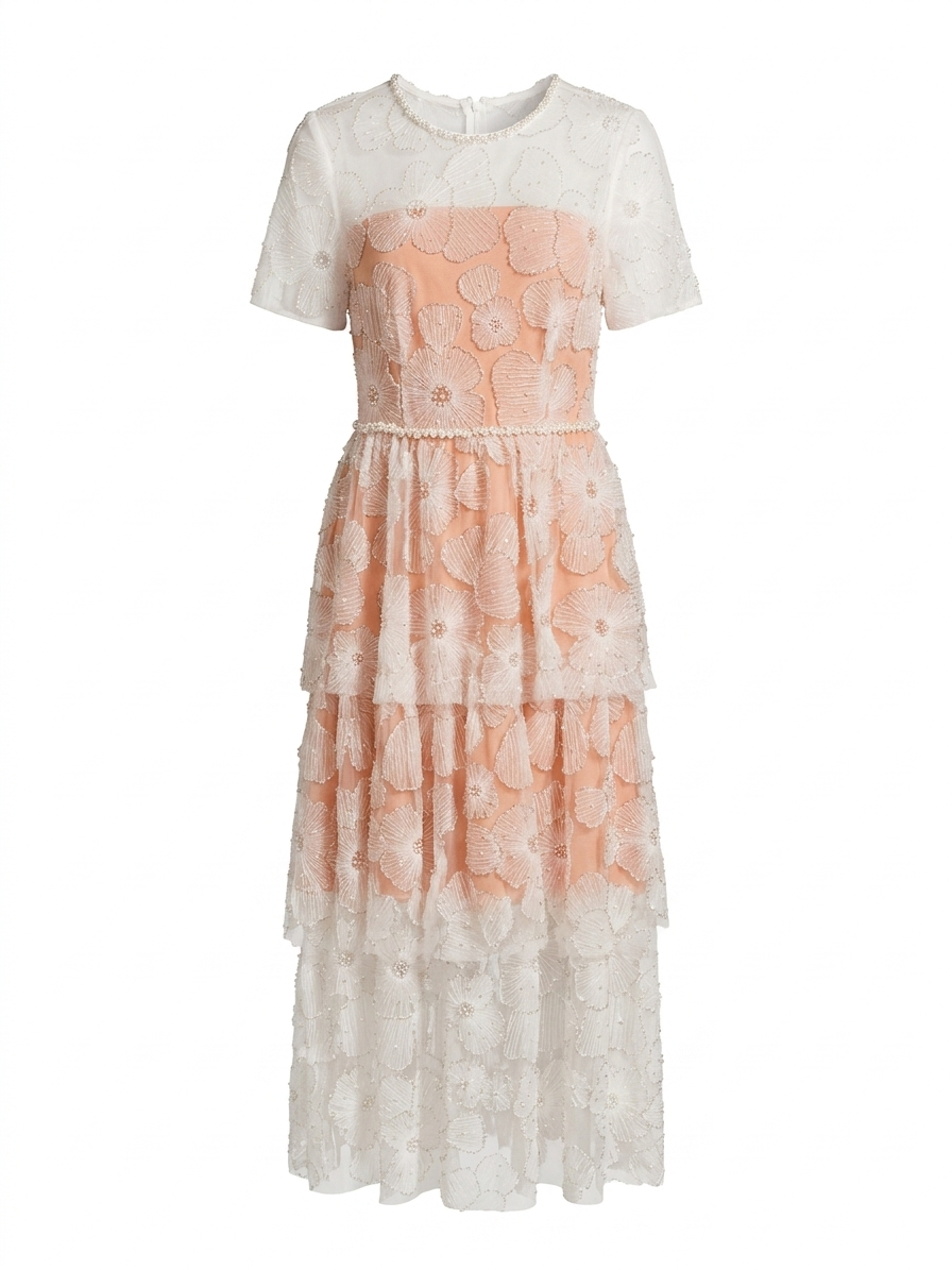 Elegant Floral Lace Overlay Midi Dress – Blush & Ivory