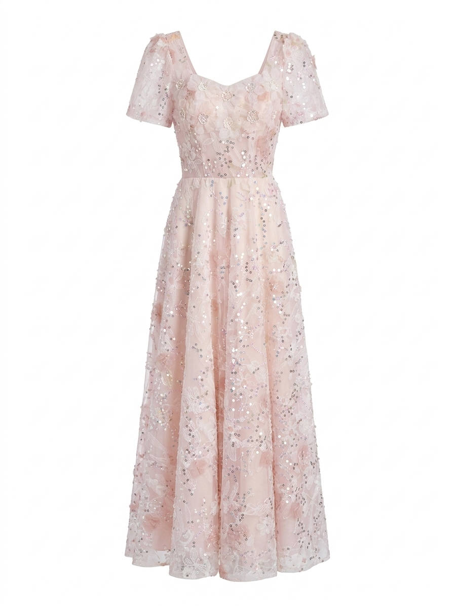 Blush Pink Embellished Tulle Midi Dress – Soft Glam Elegance