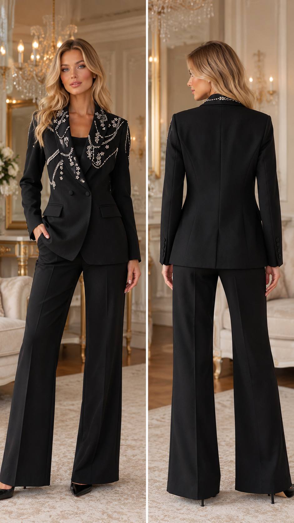 Midnight Crystal Embellished Blazer & Wide-Leg Pants Suit Set