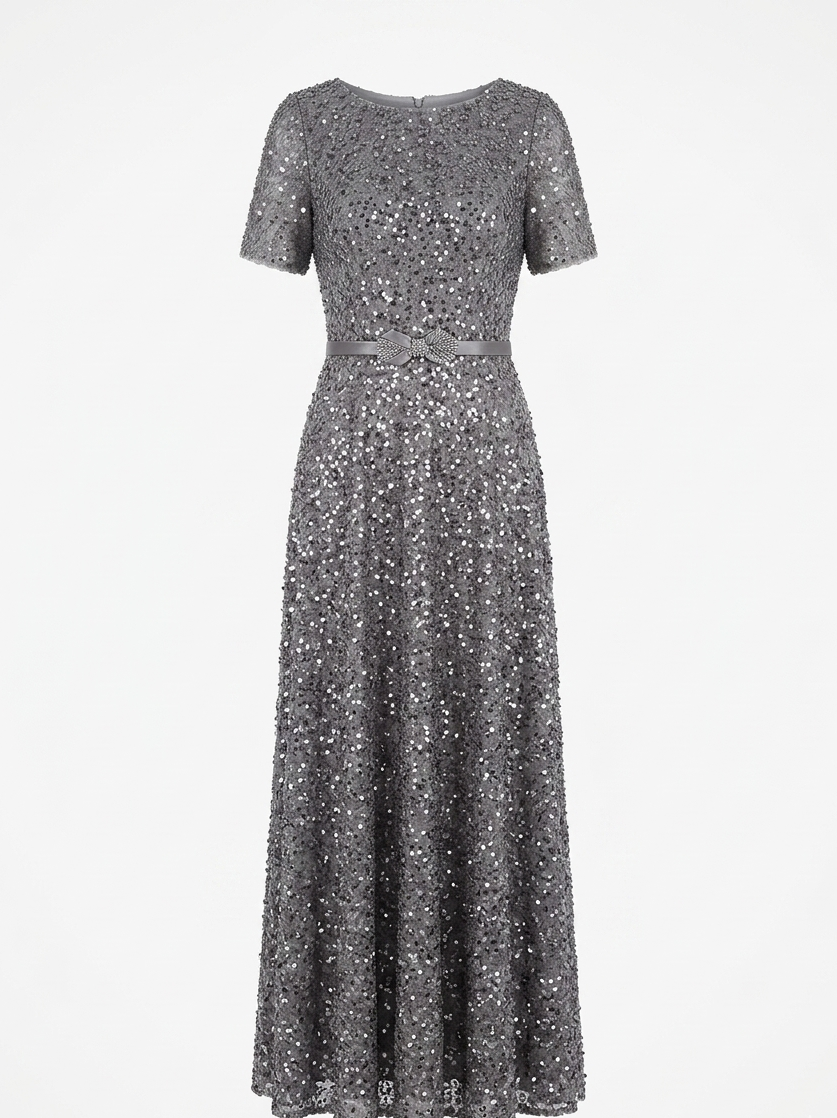 Silver Grey Sequin Maxi Dress with Bow Belt – Timeless Glamour