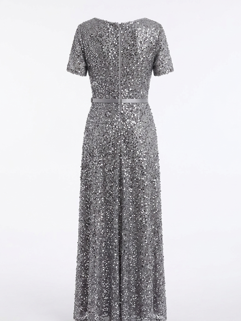 Silver Grey Sequin Maxi Dress with Bow Belt – Timeless Glamour