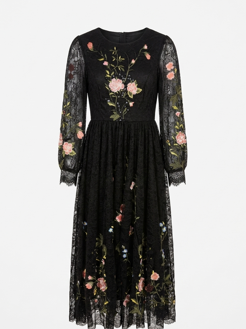 Black Floral Embroidered Lace Midi Dress – Elegant Romantic Style