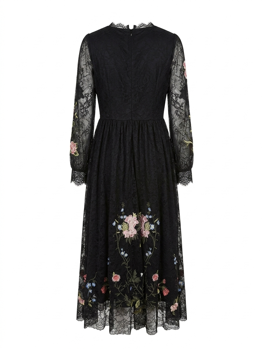 Black Floral Embroidered Lace Midi Dress – Elegant Romantic Style