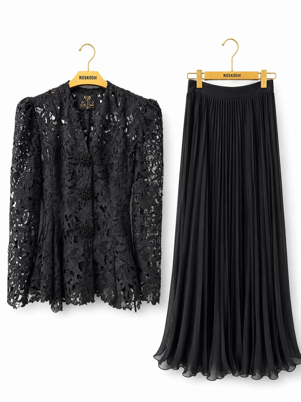 Midnight Elegance Lace Blouse & Pleated Maxi Skirt Set