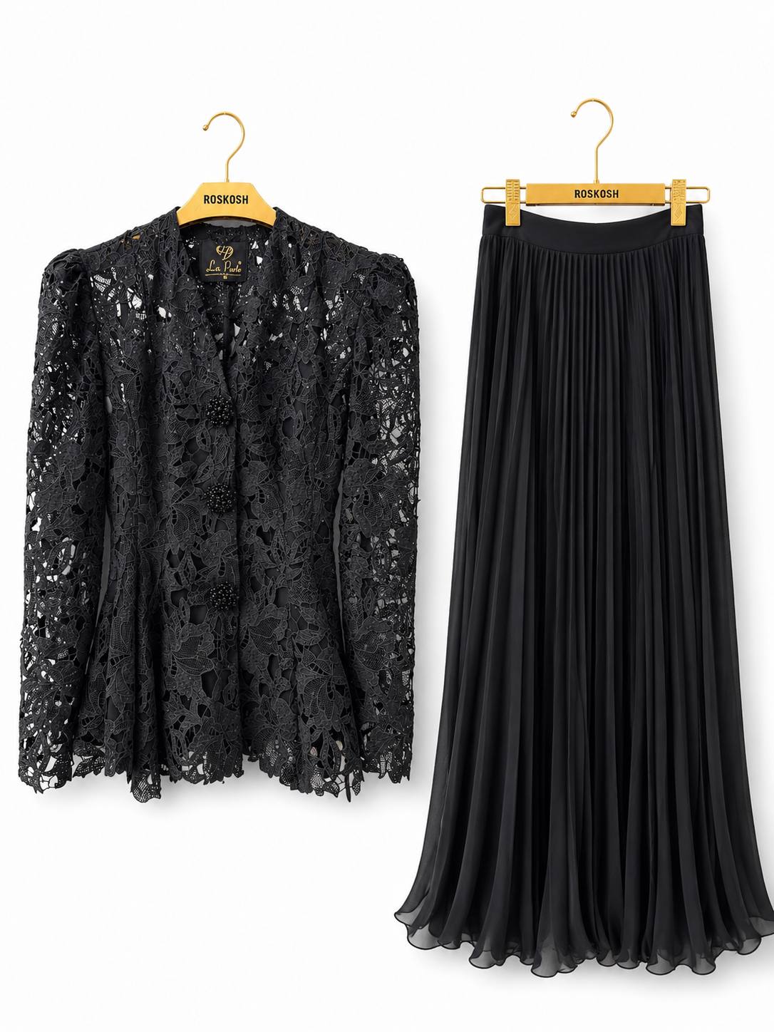 Midnight Elegance Lace Blouse & Pleated Maxi Skirt Set