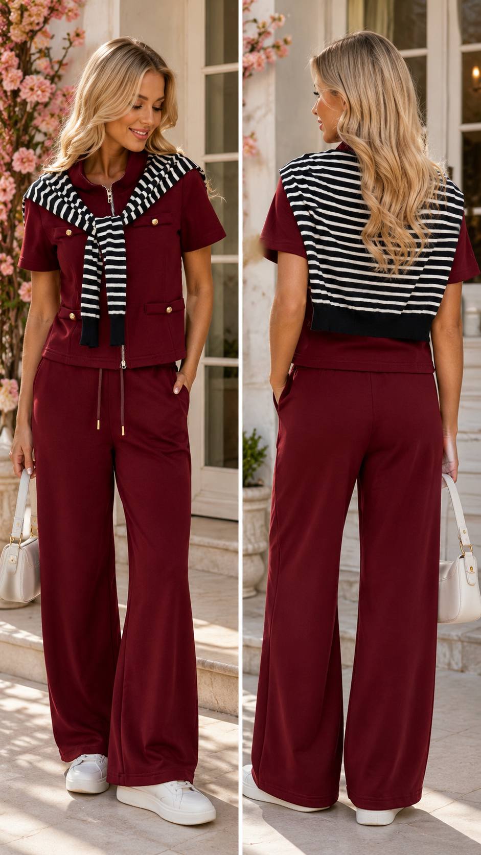 Burgundy Chic 3-Piece Lounge Set with Striped Knit Scarf Detail