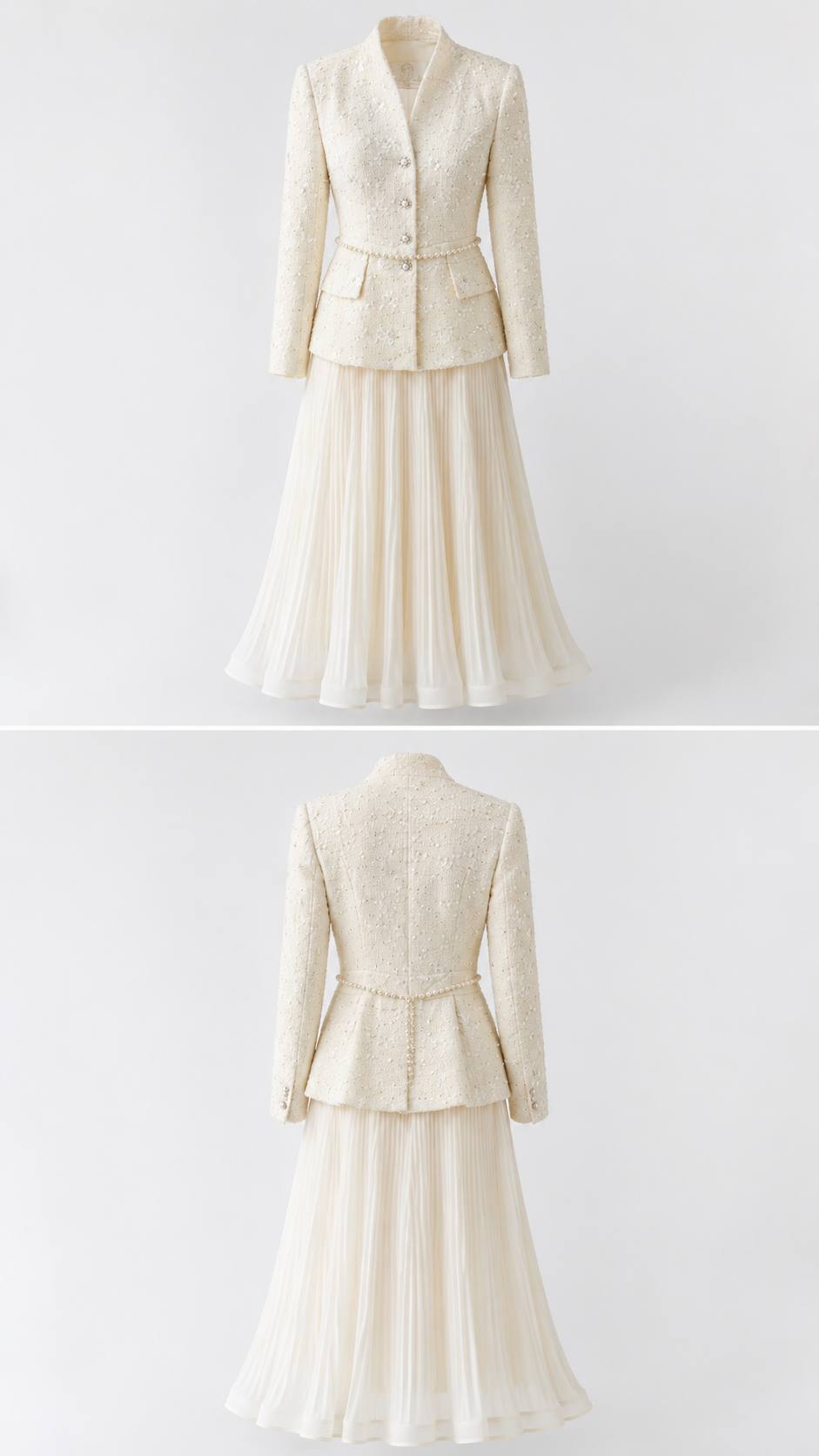 Ivory Pearl-Embellished Tweed Jacket & Pleated Maxi Skirt Set