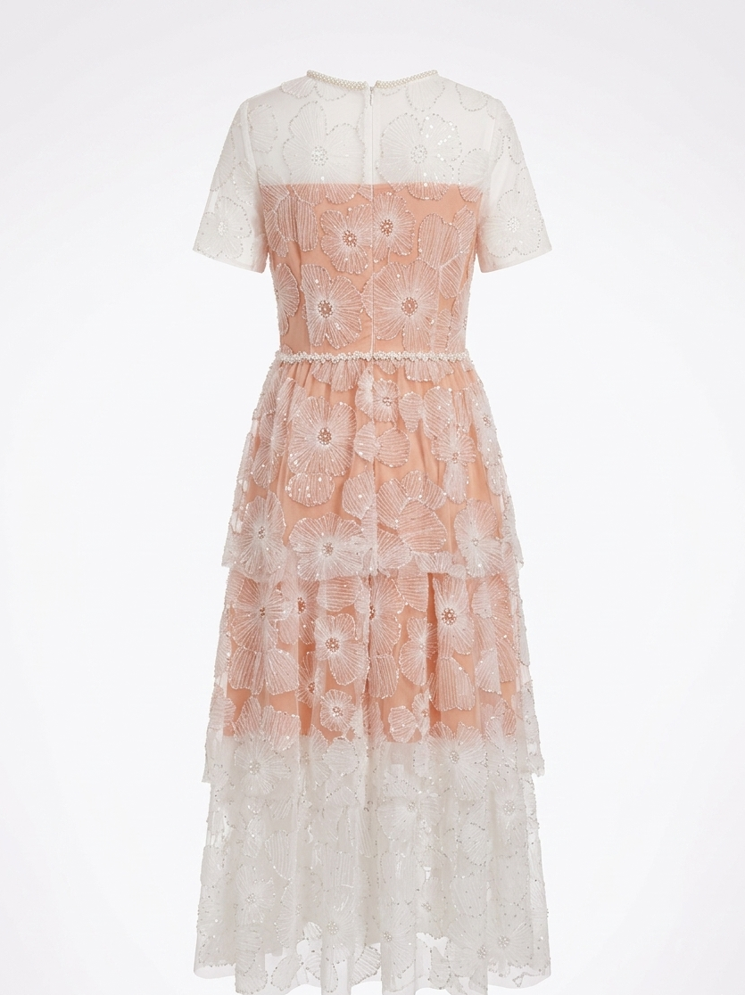 Elegant Floral Lace Overlay Midi Dress – Blush & Ivory