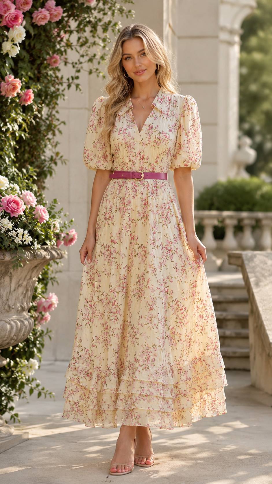 Rosalie Bloom Floral Midi Dress with Belt