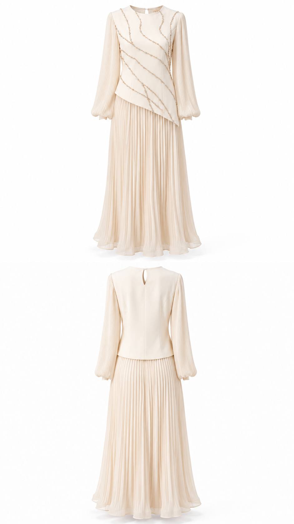 ROSKOSH Ivory Crystal Embellished Pleated Maxi Set