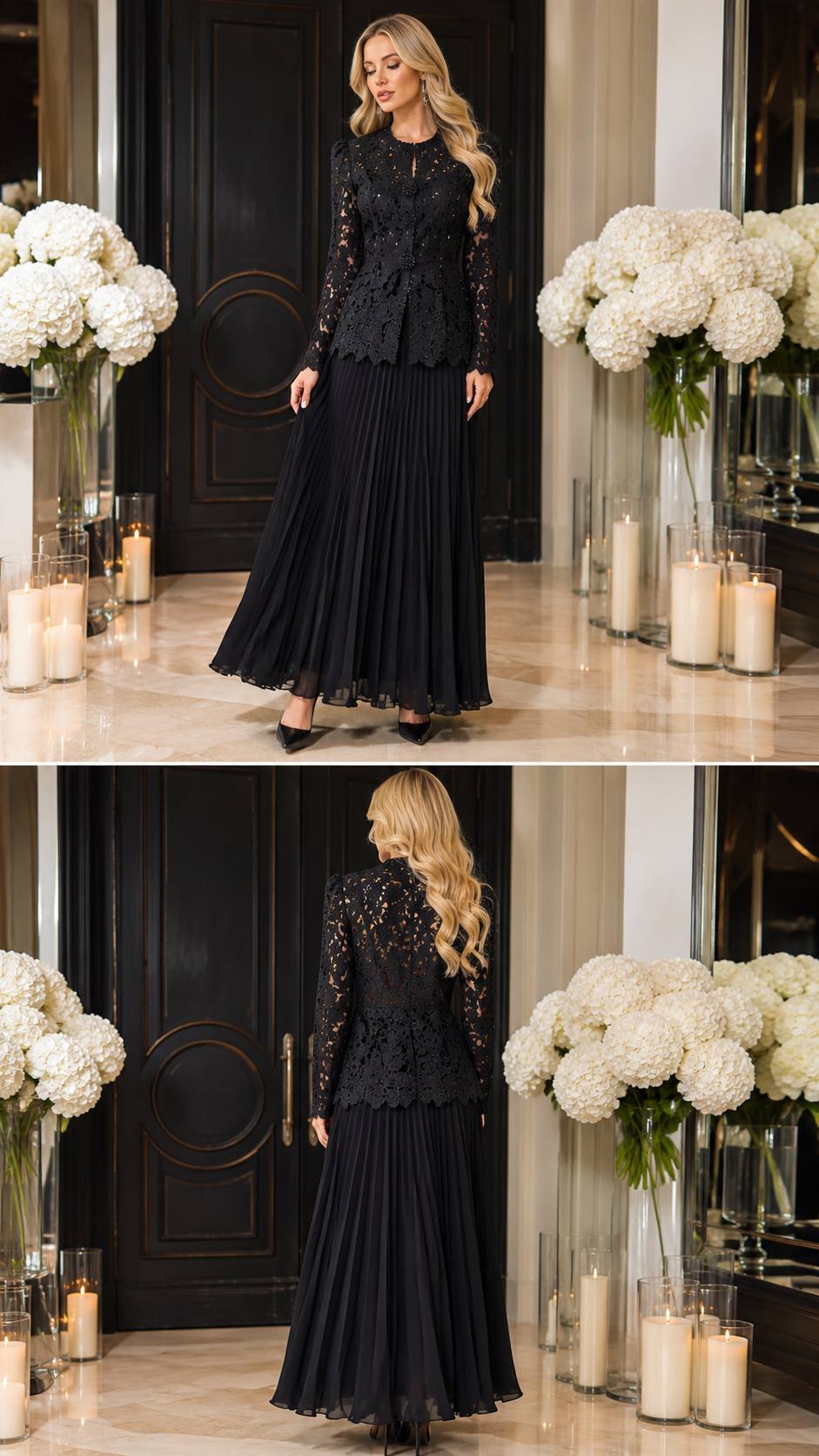 Midnight Elegance Lace Blouse & Pleated Maxi Skirt Set