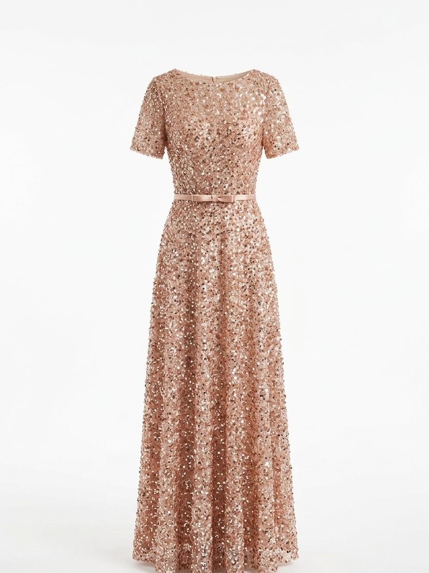 Rose Gold Sequin Evening Gown with Belted Waist