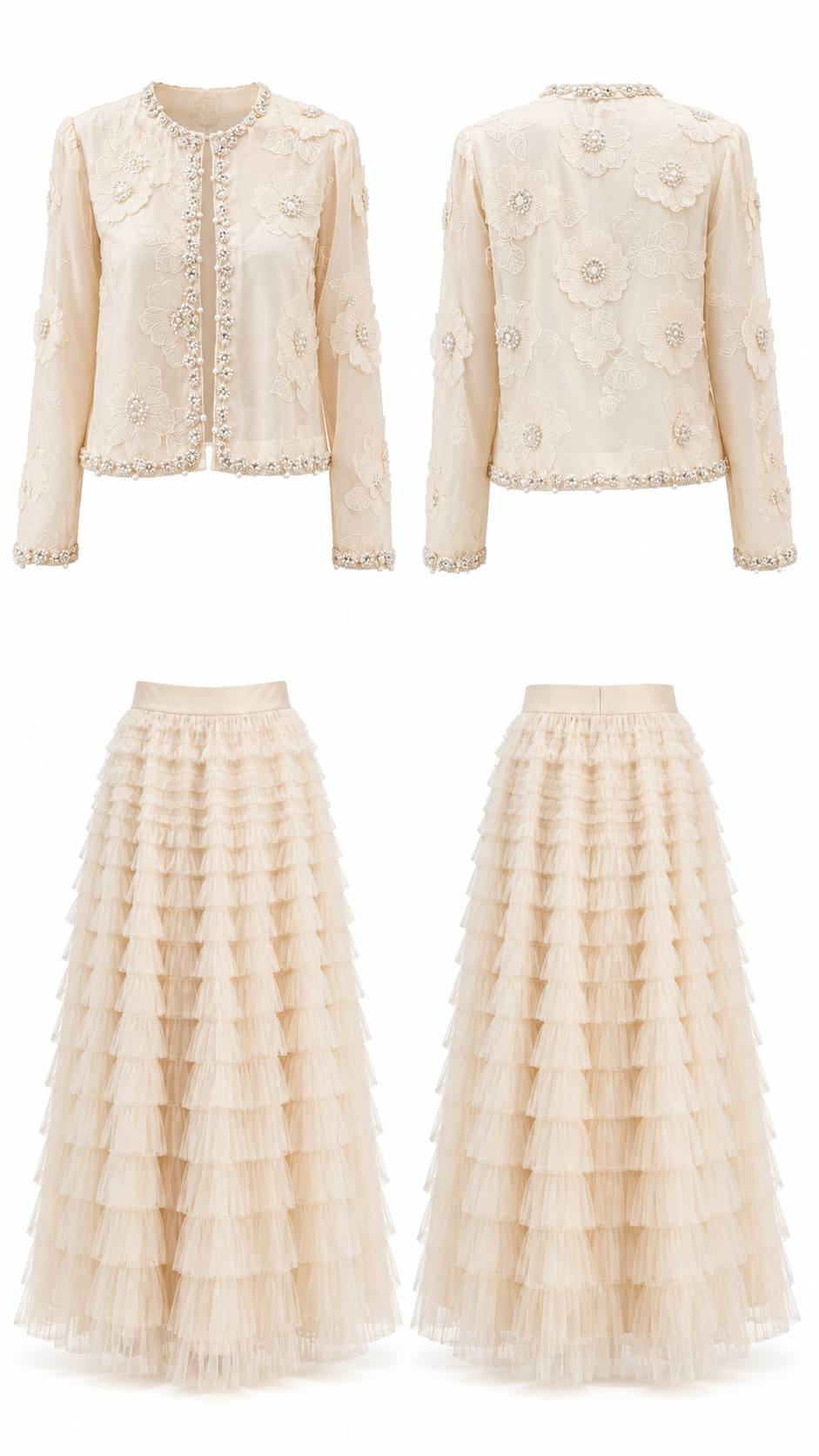 Ivory Pearl Blossom Embroidered Jacket & Tiered Tulle Skirt Set