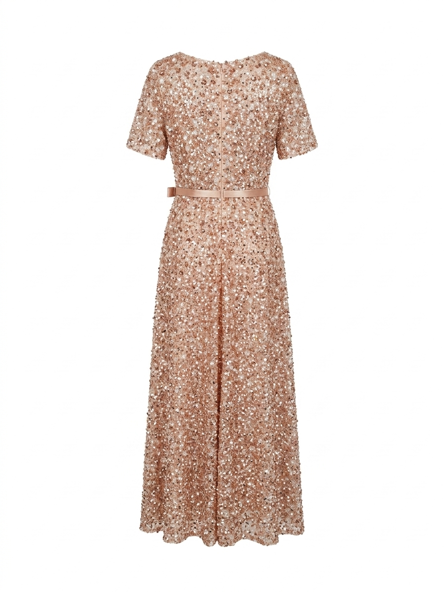 Rose Gold Sequin Evening Gown with Belted Waist
