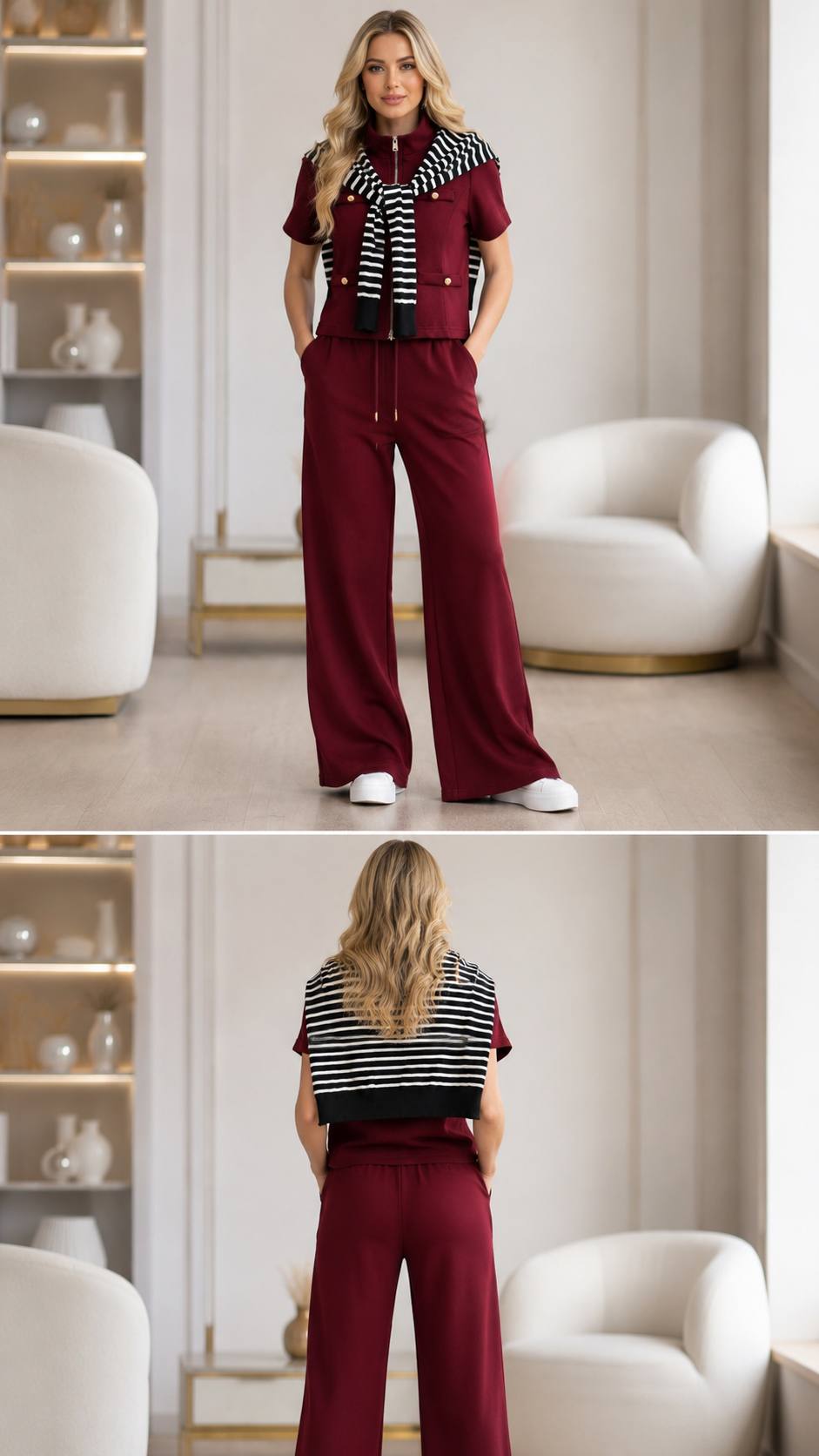 Burgundy Chic 3-Piece Lounge Set with Striped Knit Scarf Detail