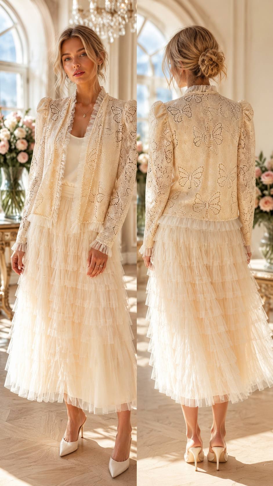 Butterfly Lace Pearl-Trim Jacket & Tiered Tulle Maxi Skirt Set