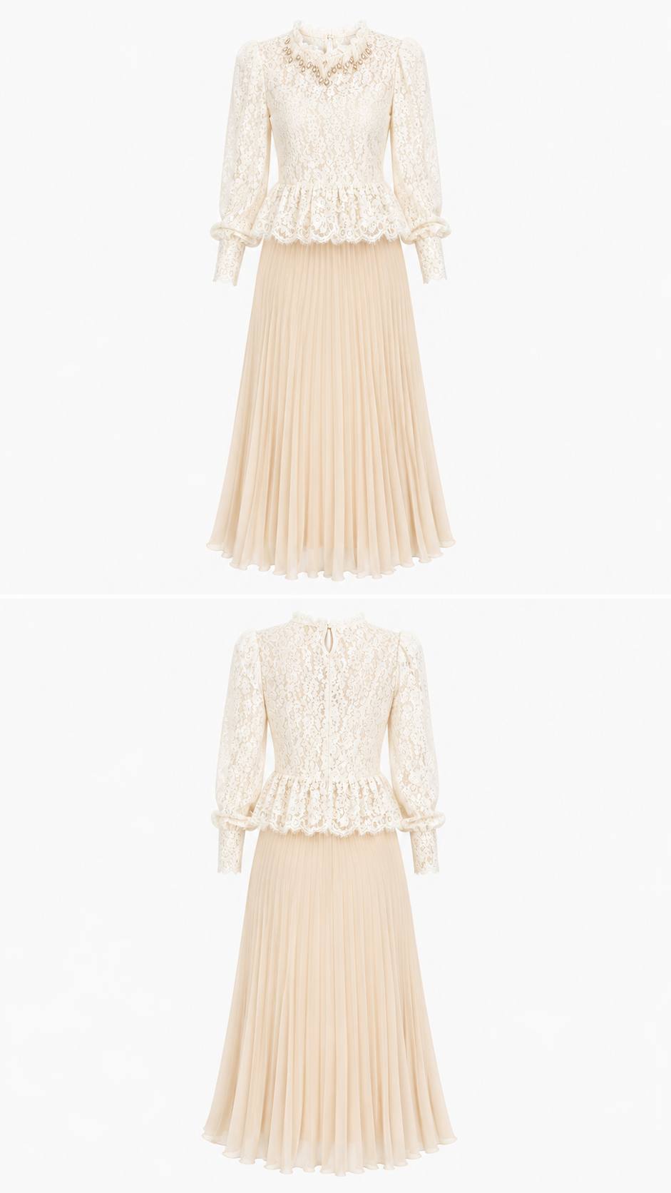 Elegant Ivory Lace Blouse & Pleated Maxi Skirt Set