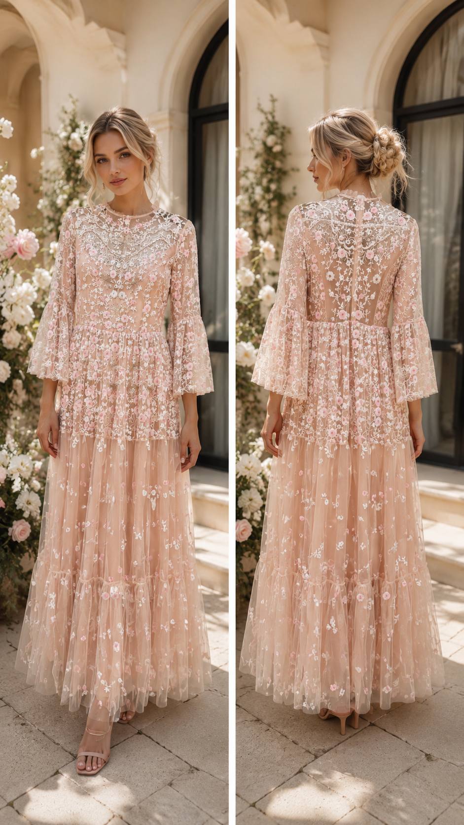 ROSKOSH Blush Bloom Embroidered Lace Maxi Dress