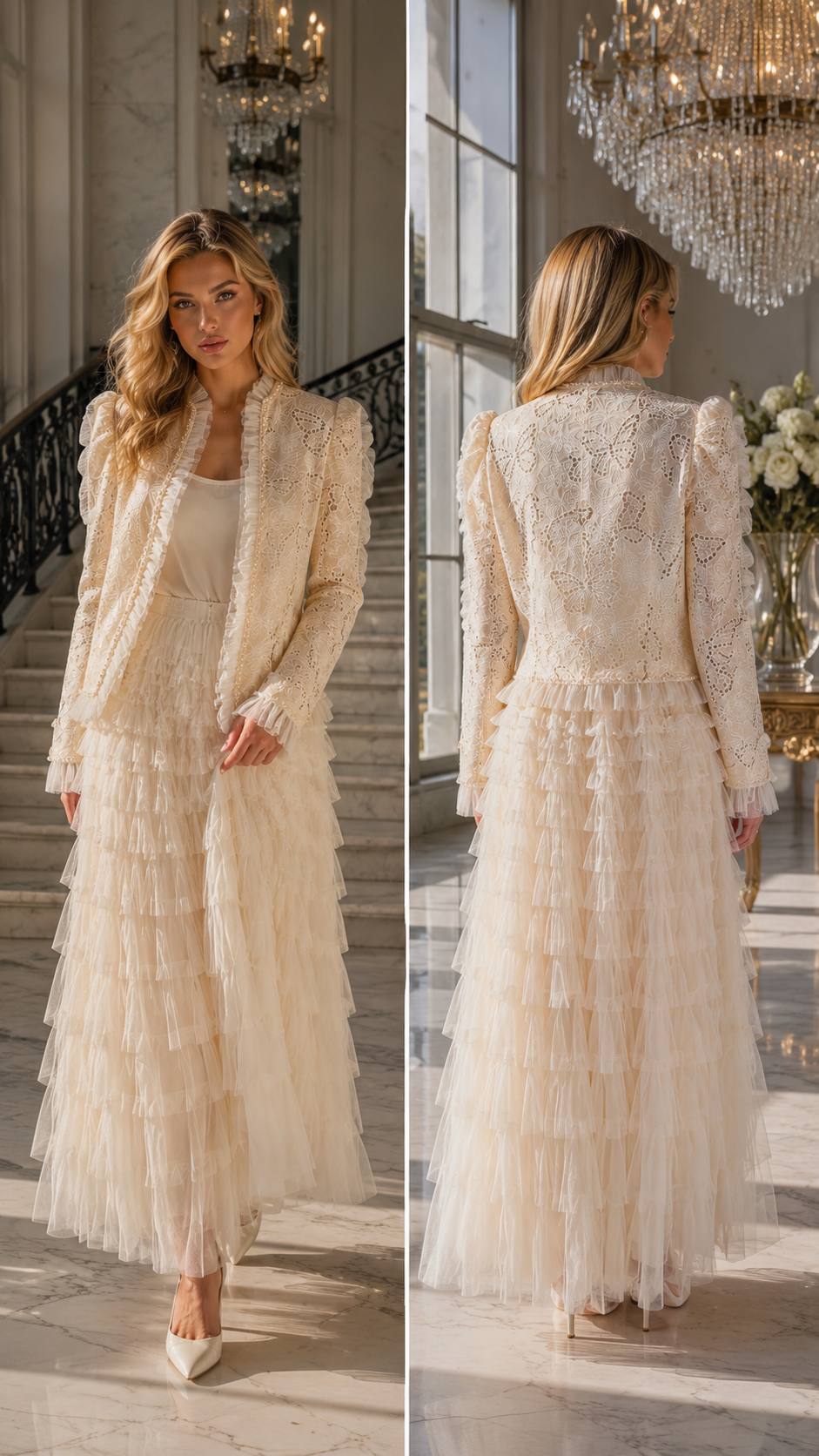 Butterfly Lace Pearl-Trim Jacket & Tiered Tulle Maxi Skirt Set