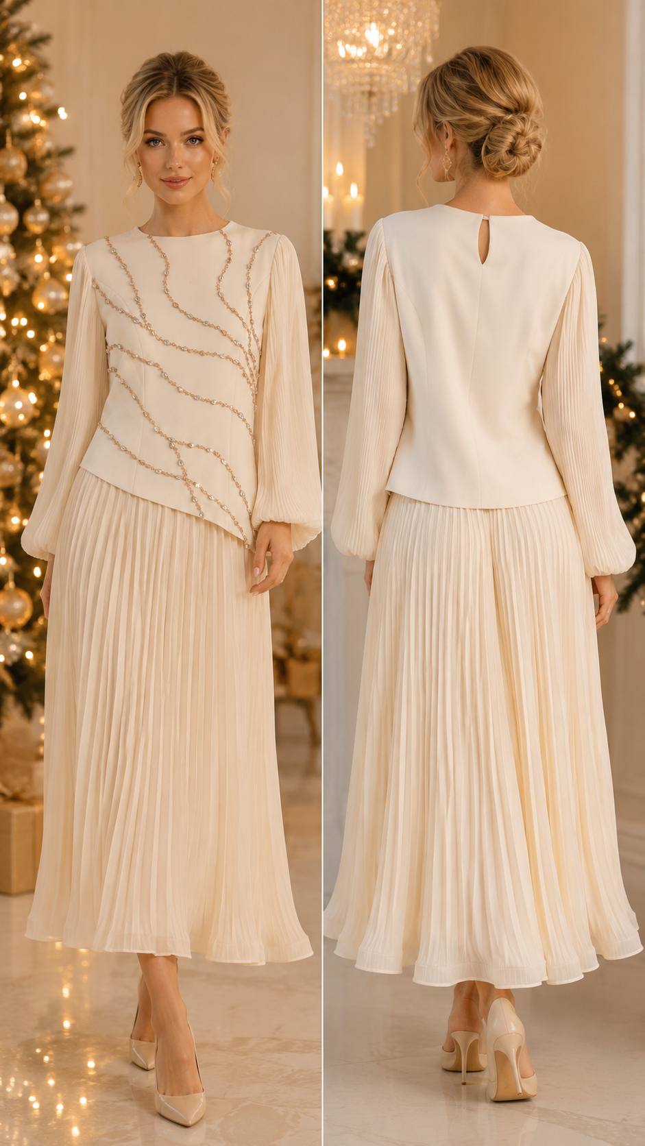 ROSKOSH Ivory Crystal Embellished Pleated Maxi Set