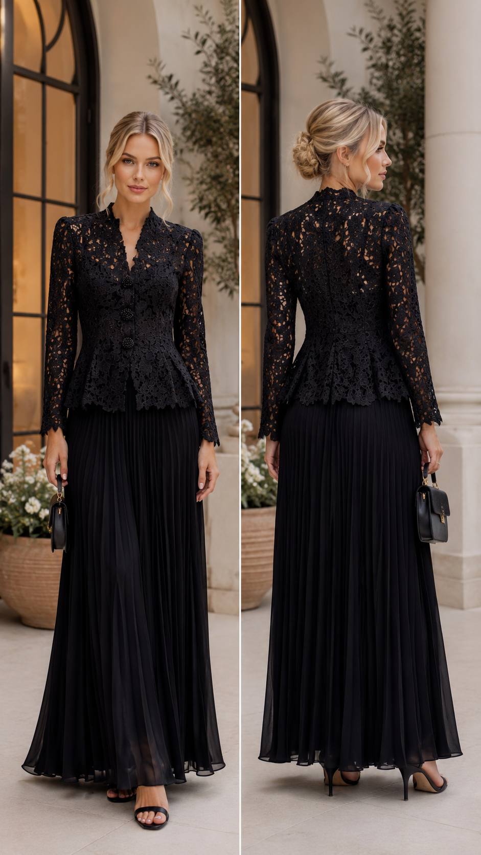 Midnight Elegance Lace Blouse & Pleated Maxi Skirt Set