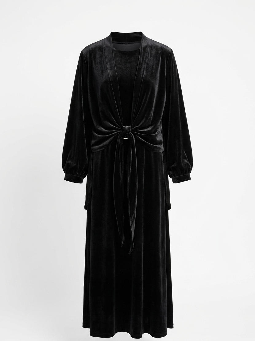 Black Velvet Tie-Front Maxi Dress – Elegant Minimalist Style