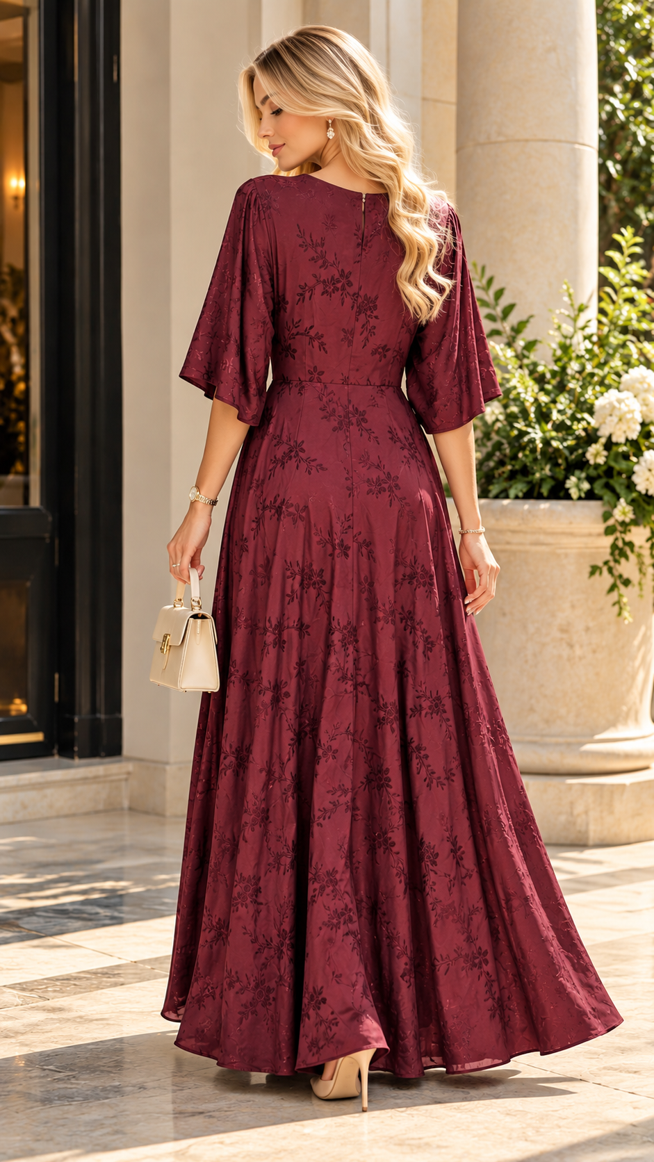 Burgundy Floral Jacquard Maxi Dress