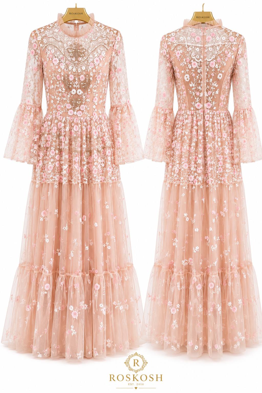 ROSKOSH Blush Bloom Embroidered Lace Maxi Dress