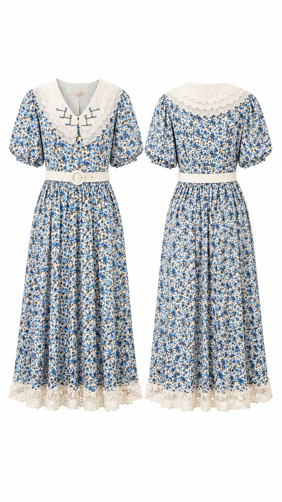 Blue Blossom Vintage Lace Collar Midi Dress