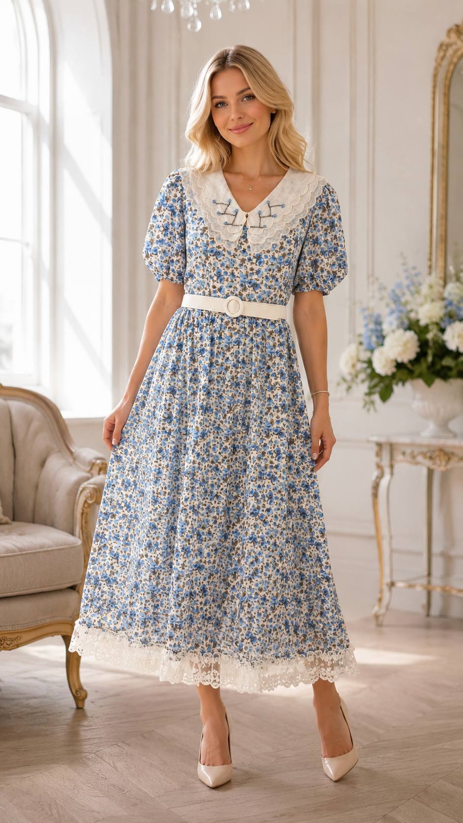 Blue Blossom Vintage Lace Collar Midi Dress