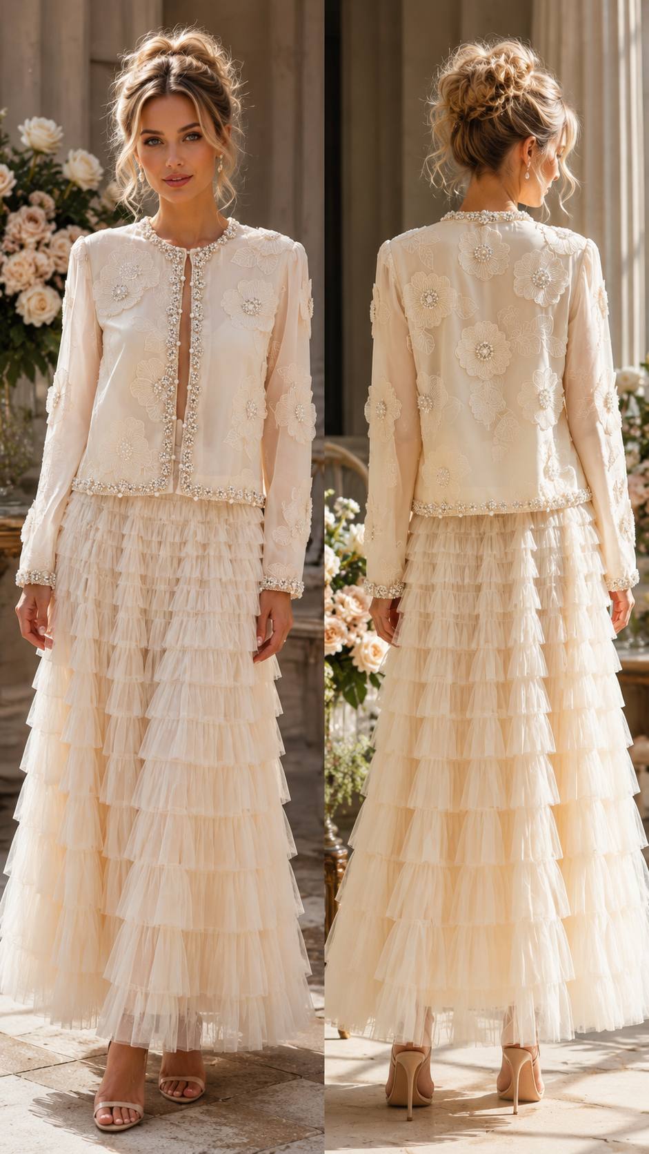 Ivory Pearl Blossom Embroidered Jacket & Tiered Tulle Skirt Set