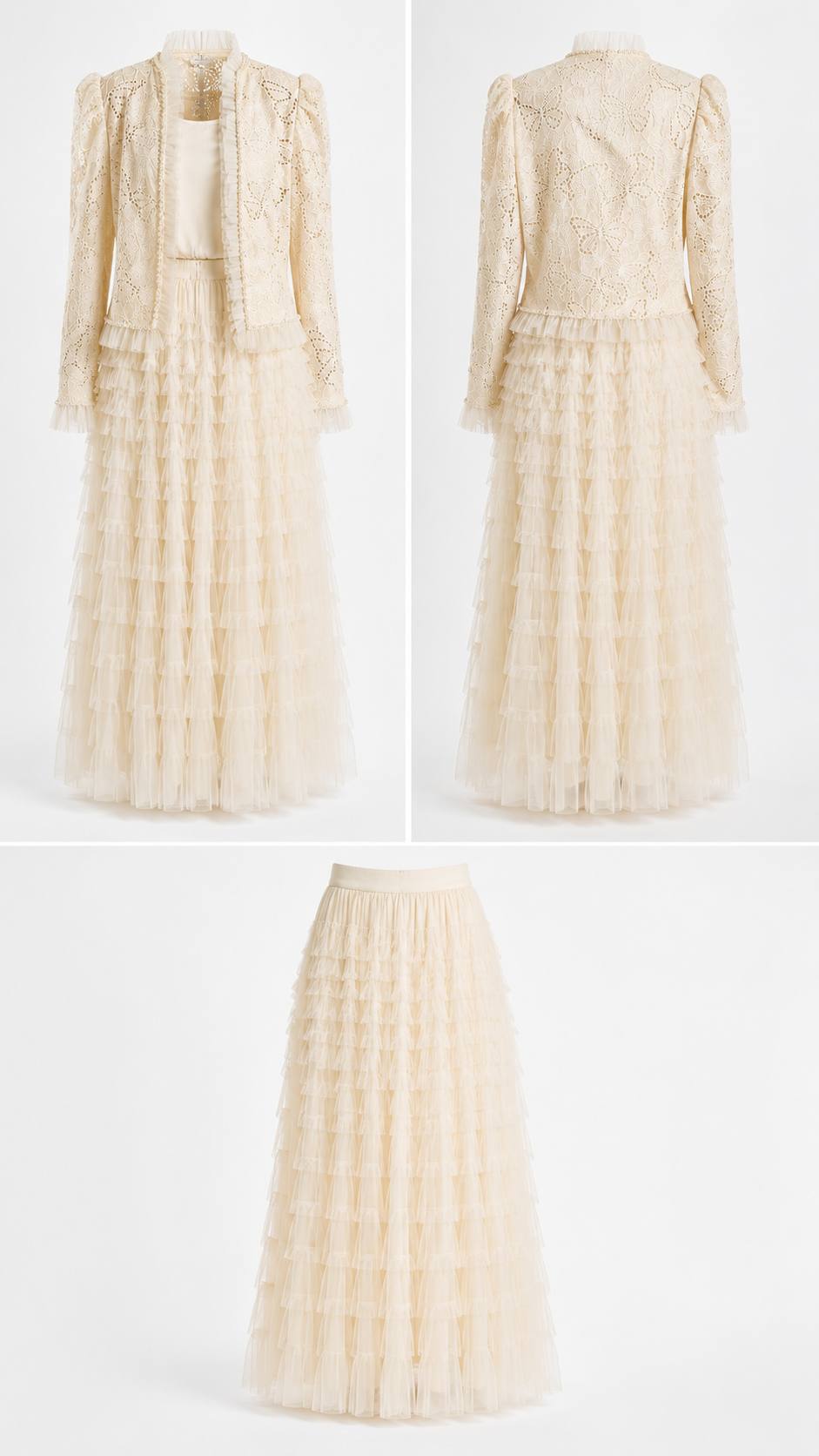 Butterfly Lace Pearl-Trim Jacket & Tiered Tulle Maxi Skirt Set