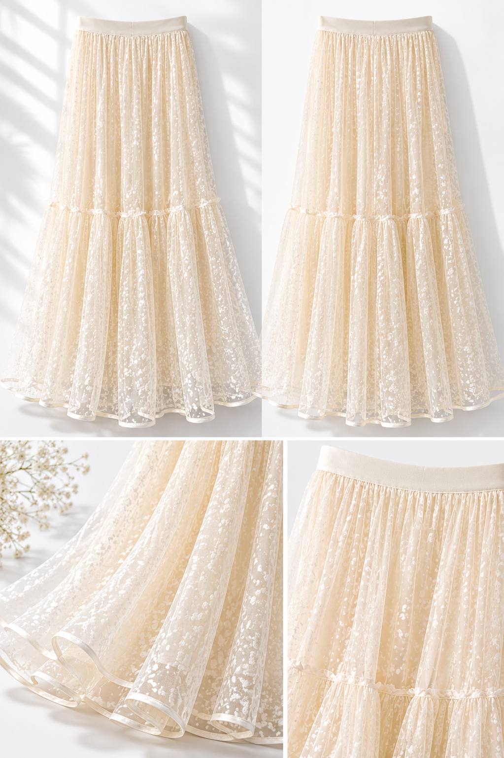 Ivory Floral Mesh Tiered Maxi Skirt