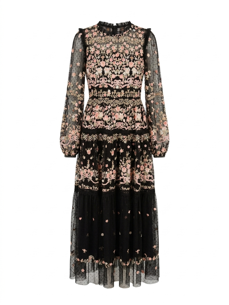 Black Floral Embroidered Sheer Sleeve Midi Dress – Romantic Elegance