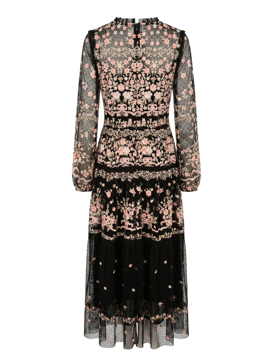 Black Floral Embroidered Sheer Sleeve Midi Dress – Romantic Elegance