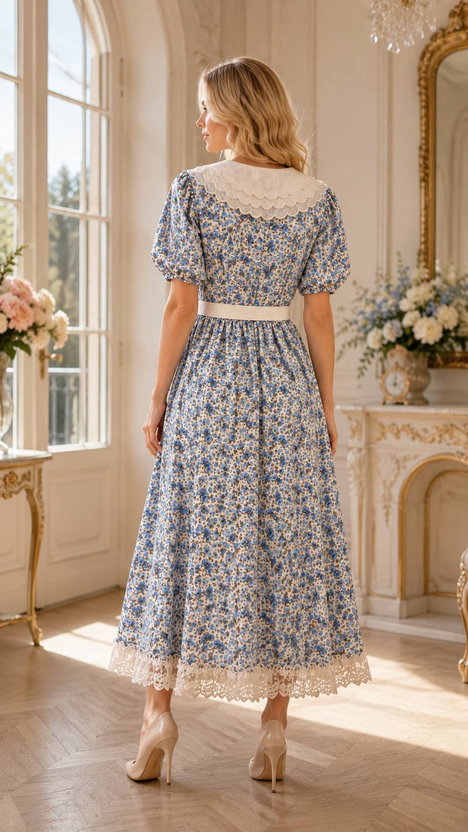 Blue Blossom Vintage Lace Collar Midi Dress