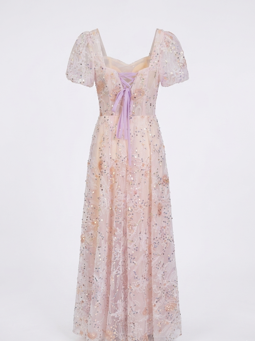 Blush Pink Embellished Tulle Midi Dress – Soft Glam Elegance