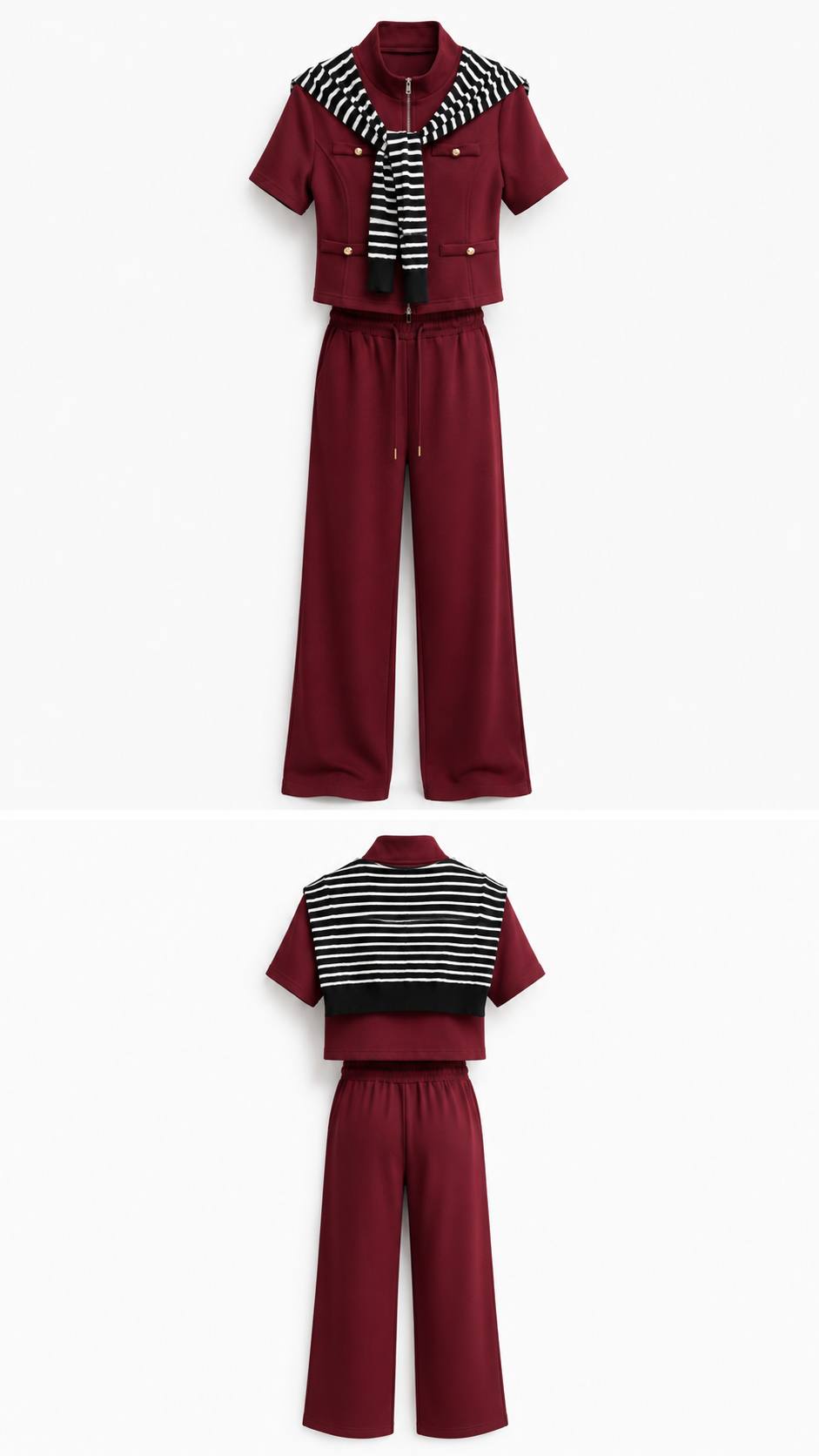 Burgundy Chic 3-Piece Lounge Set with Striped Knit Scarf Detail