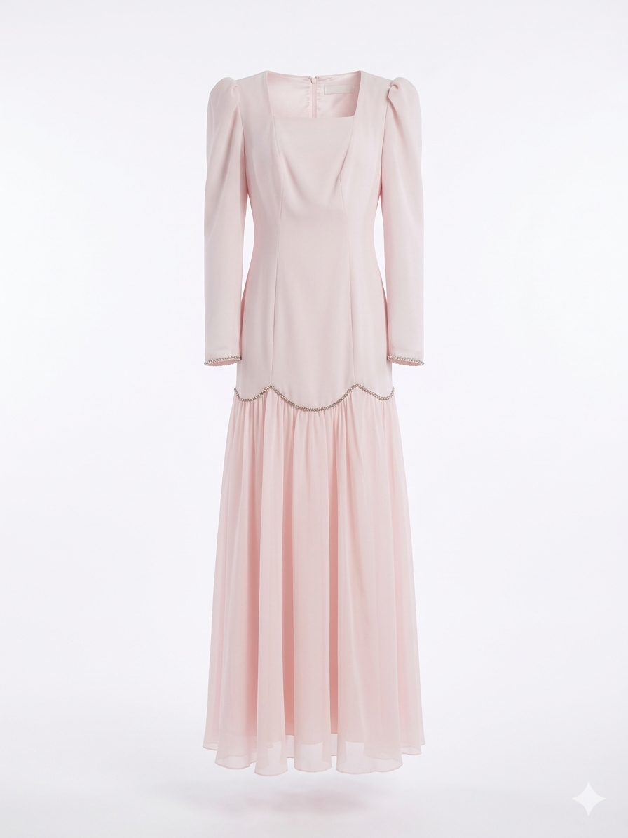 Blush Pink Long Sleeve Midi Dress with Sheer Flowing Skirt