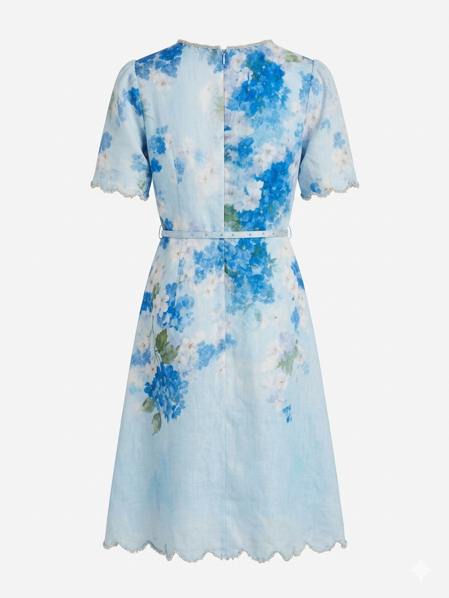 Blue Floral Print Midi Dress with Belt and Scalloped Trim