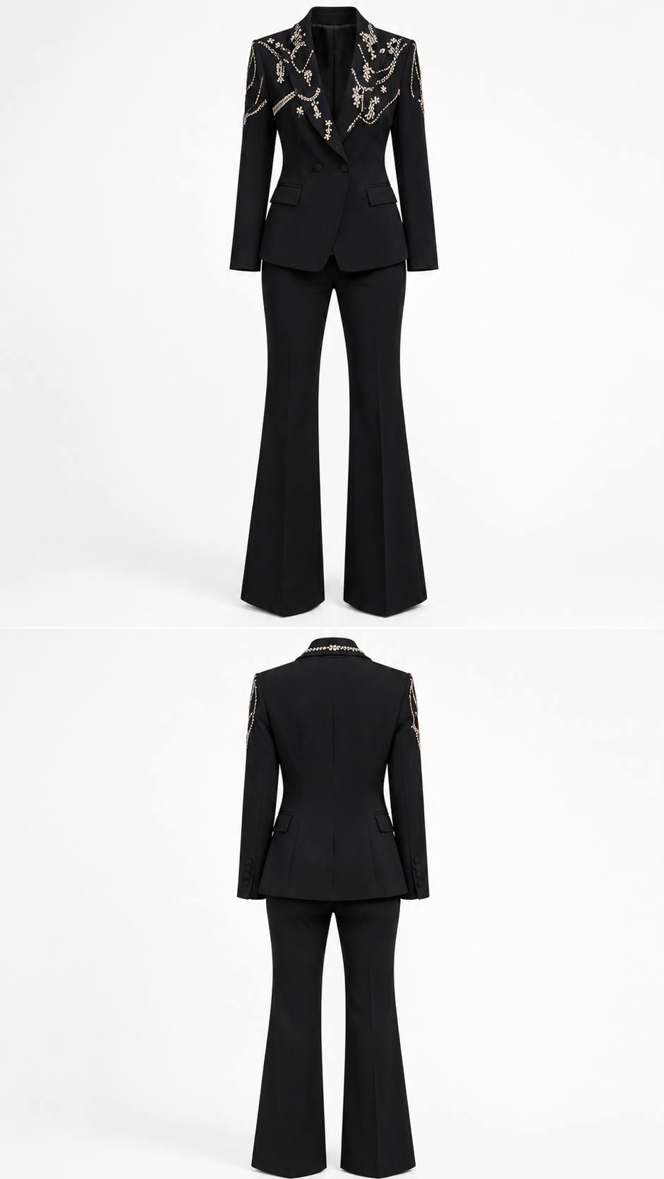 Midnight Crystal Embellished Blazer & Wide-Leg Pants Suit Set