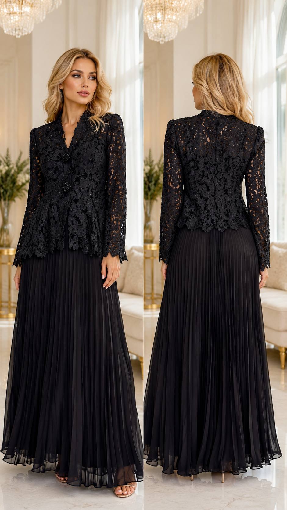 Midnight Elegance Lace Blouse & Pleated Maxi Skirt Set