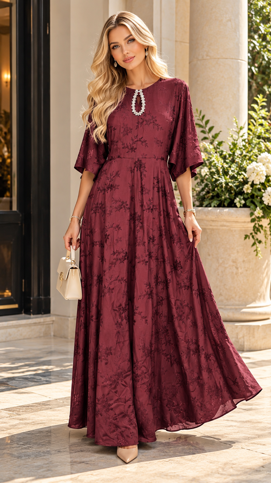 Burgundy Floral Jacquard Maxi Dress