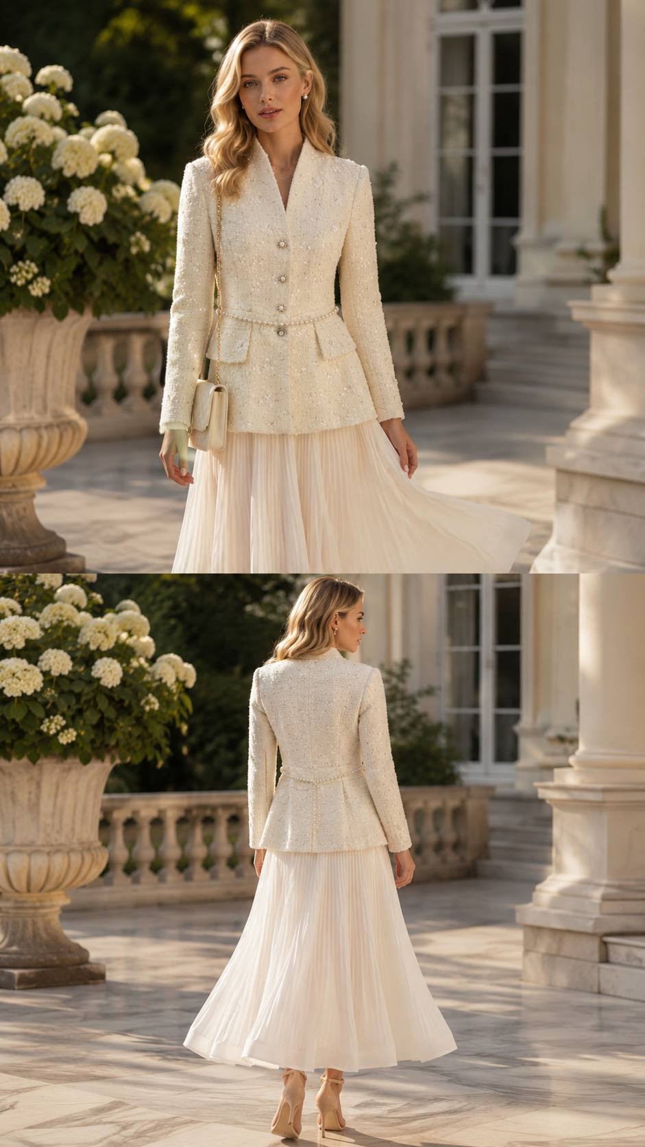 Ivory Pearl-Embellished Tweed Jacket & Pleated Maxi Skirt Set