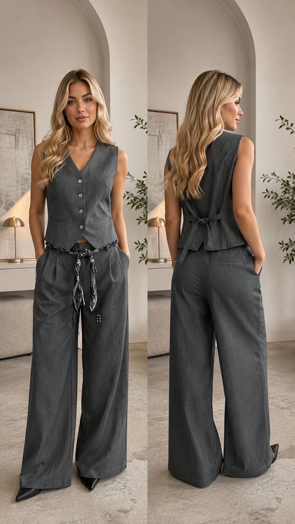 ROSKOSH Tailored Charcoal Vest & Wide-Leg Trouser Set