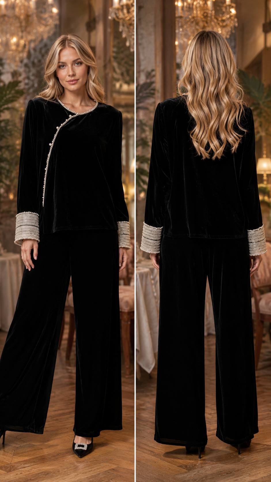 Luxe Black Velvet Pearl-Trim Two-Piece Set