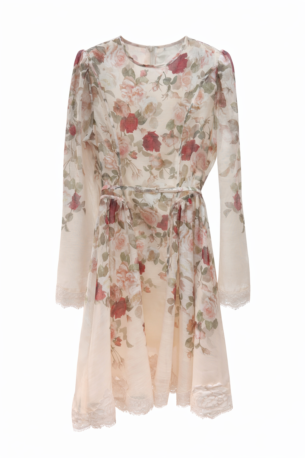 Romantic Floral Lace Trim Dress – Soft Cream Rose Print