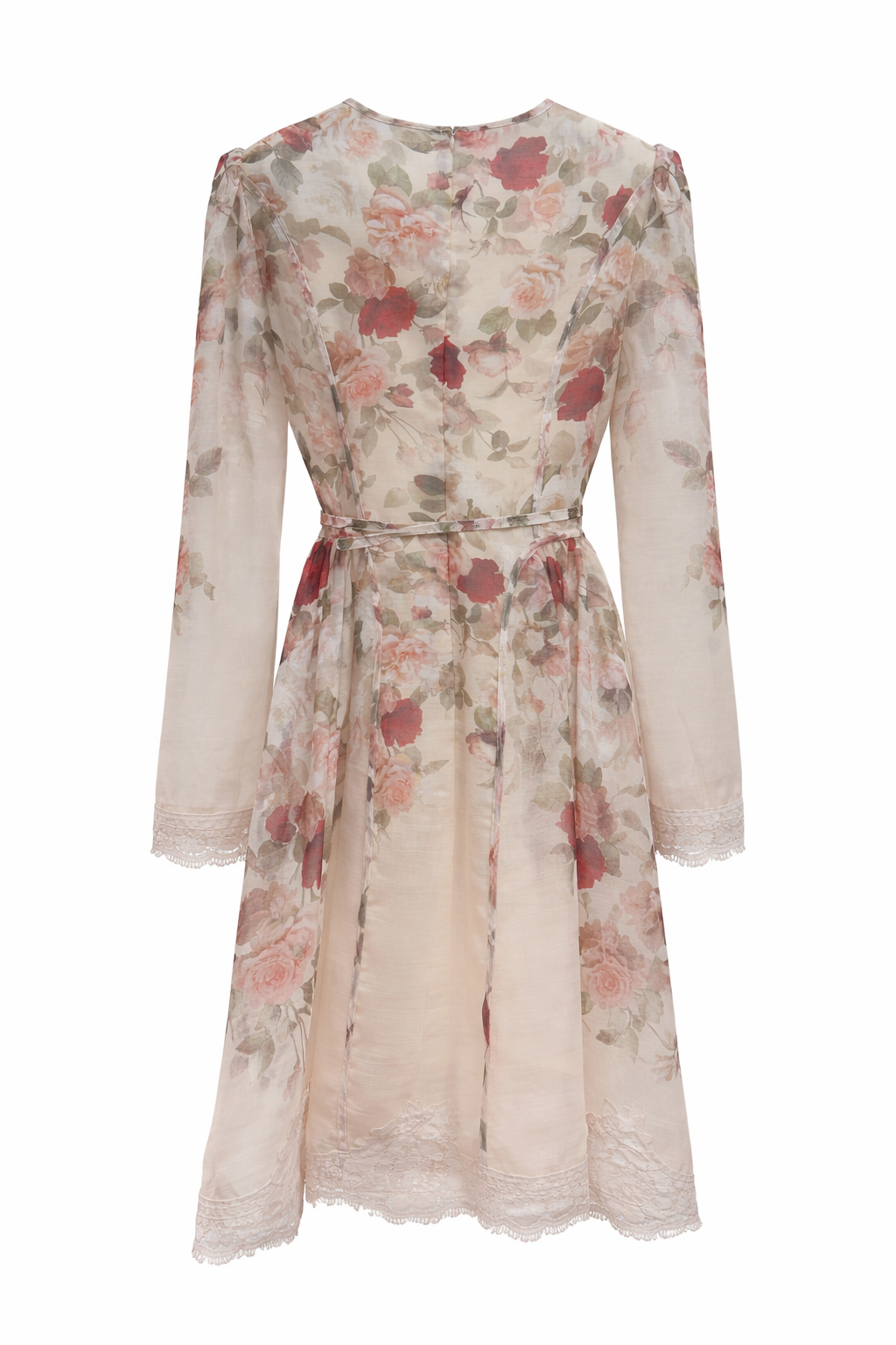 Romantic Floral Lace Trim Dress – Soft Cream Rose Print