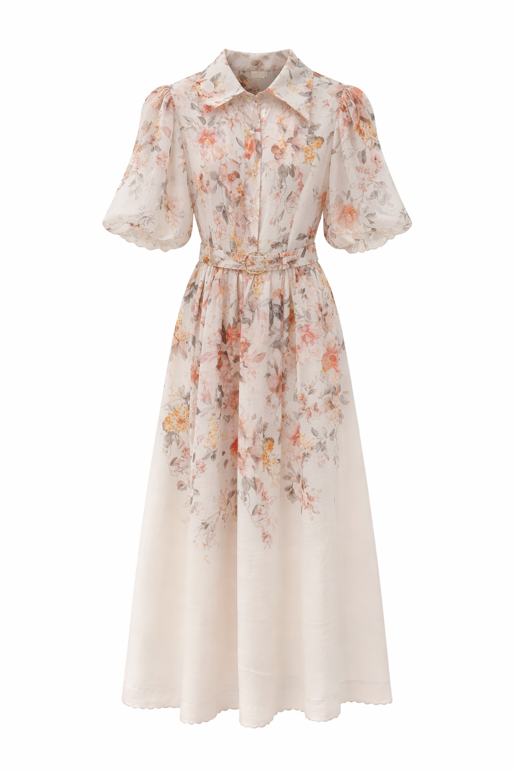 Floral Midi Shirt Dress with Belt – Soft Cream Vintage Print